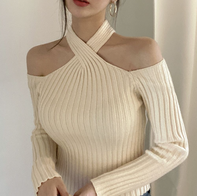 【一部即納】クロスオフショルダーリブニットトップス