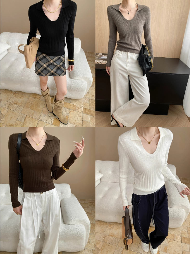 Vネックカラースリムリブニット