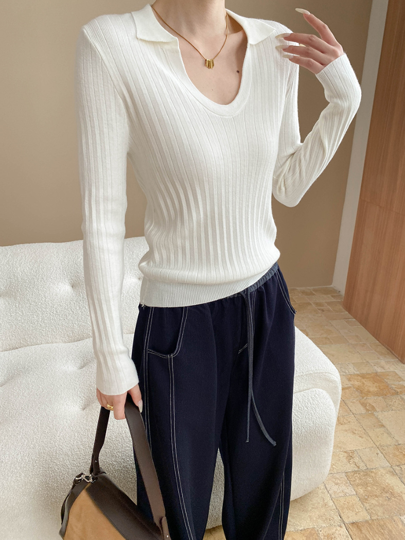 Vネックカラースリムリブニット