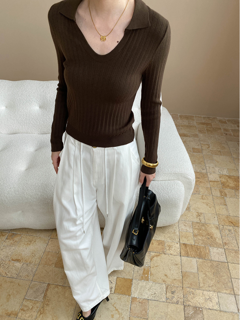 Vネックカラースリムリブニット