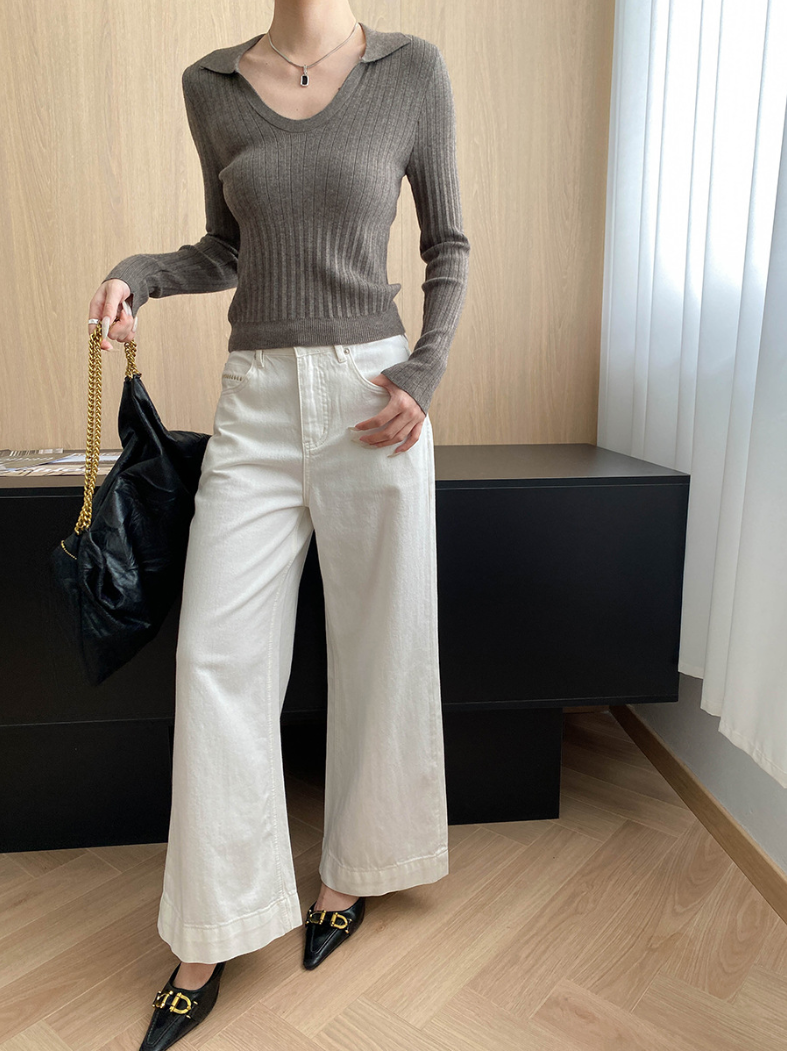 Vネックカラースリムリブニット