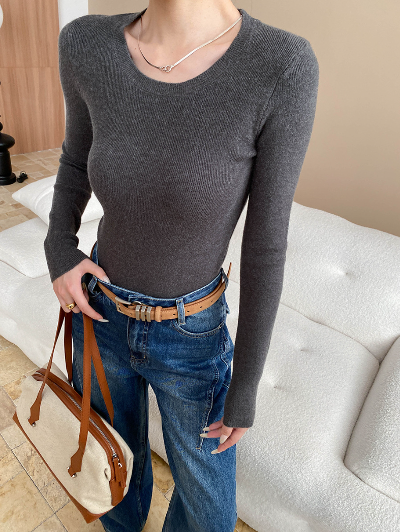 ベーシックフィットリブニットトップス