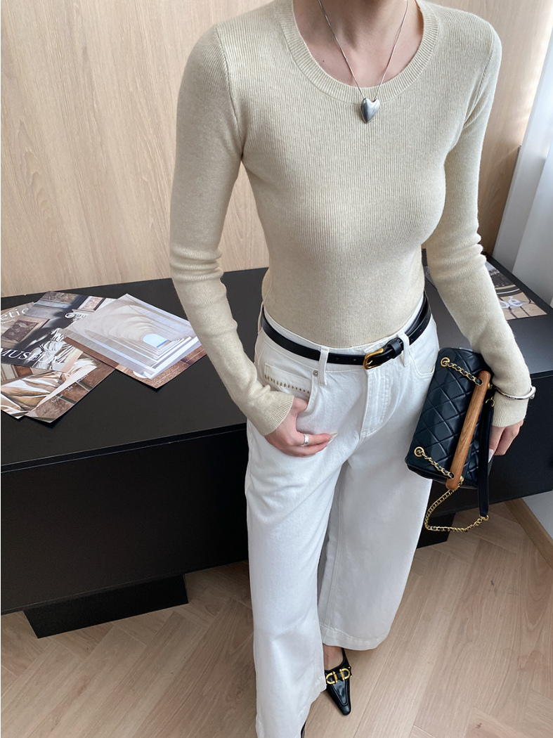 ベーシックフィットリブニットトップス