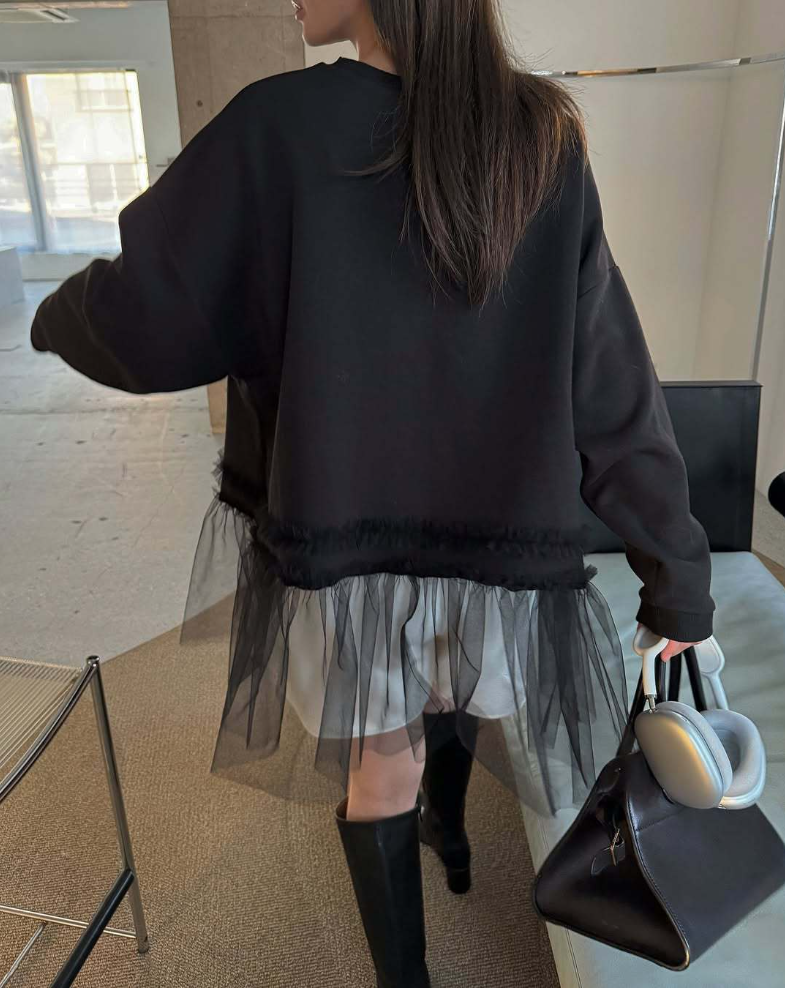 チュールヘムレイヤードスウェットトップス