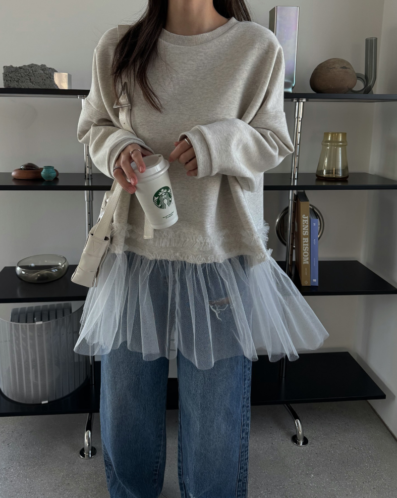 チュールヘムレイヤードスウェットトップス