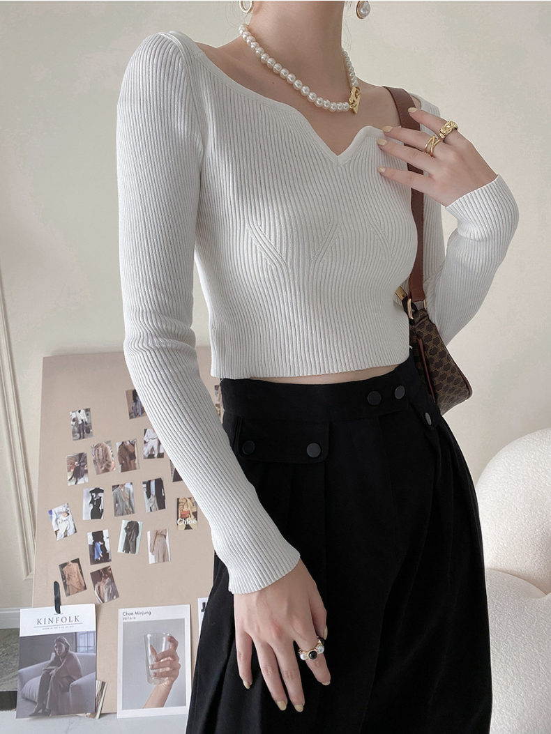 カーブネックリブニットトップス