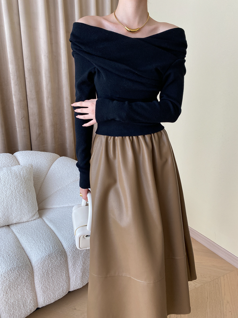 オフショルダードレープニットトップス
