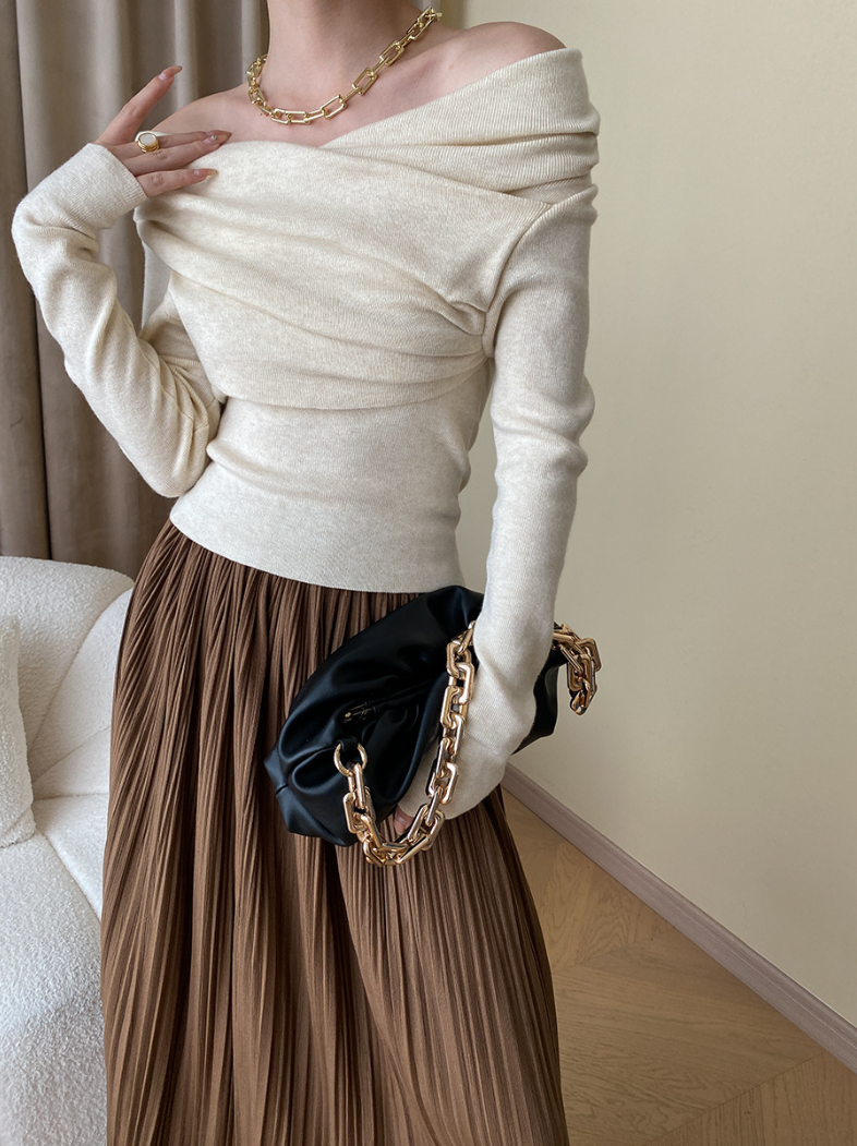 オフショルダードレープニットトップス