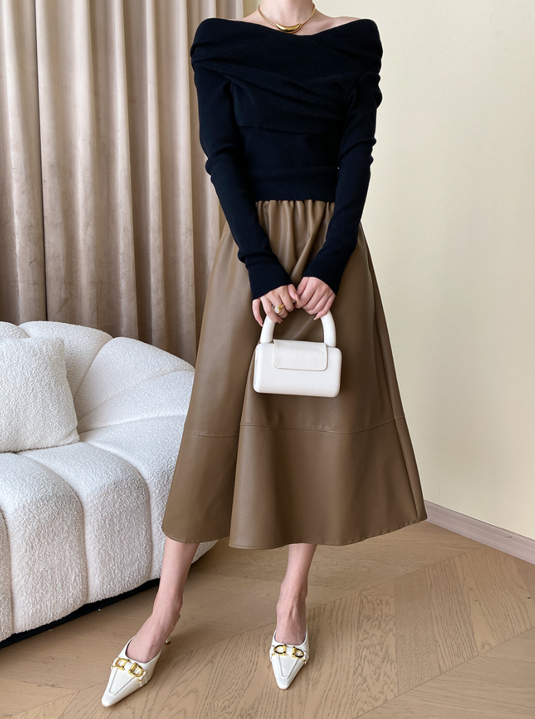 オフショルダードレープニットトップス