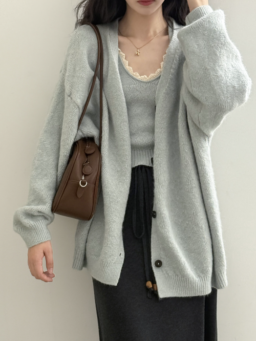 ソフトタッチニットカーデ&レーストリムキャミトップセット