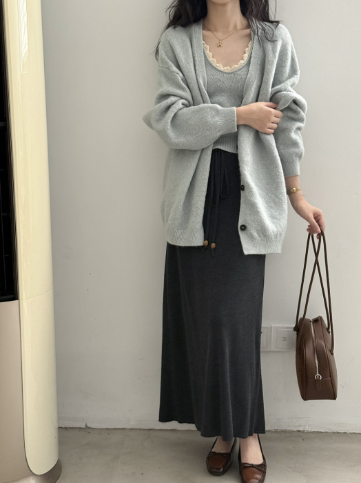 ソフトタッチニットカーデ&レーストリムキャミトップセット