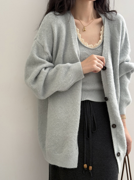 ソフトタッチニットカーデ&レーストリムキャミトップセット