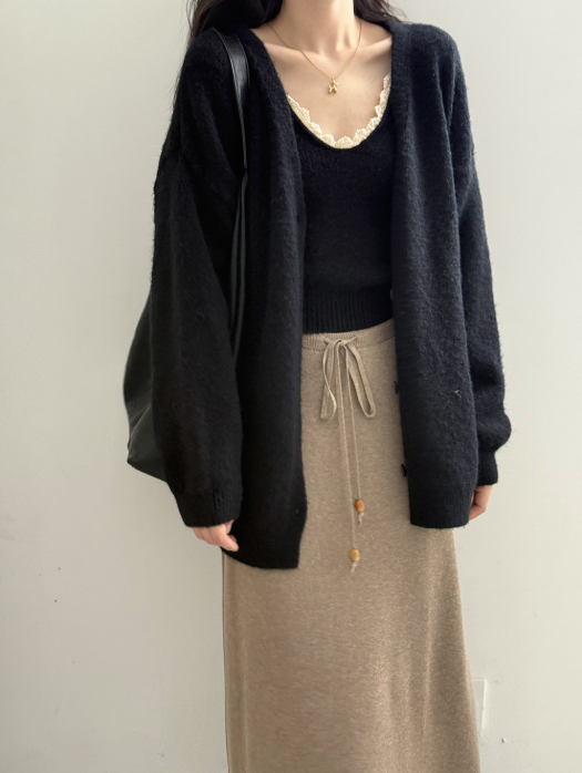 ソフトタッチニットカーデ&レーストリムキャミトップセット