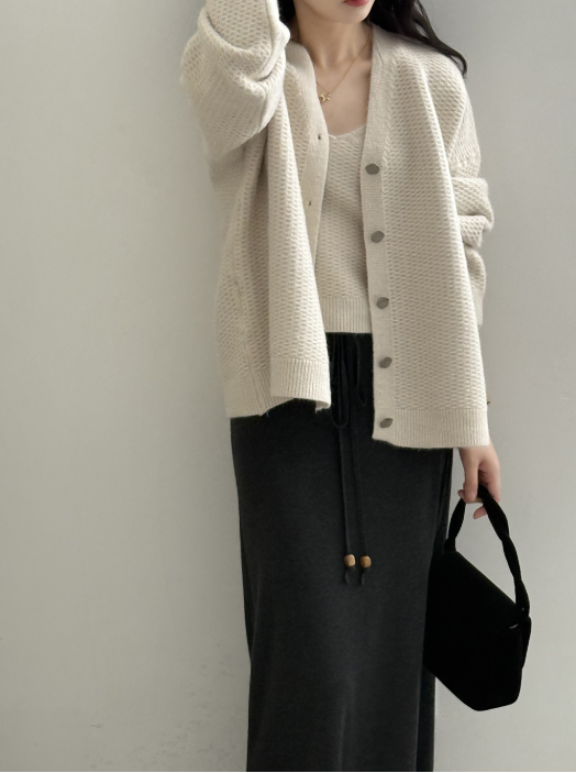 ワッフルニットカーデ × リブキャミソールセット