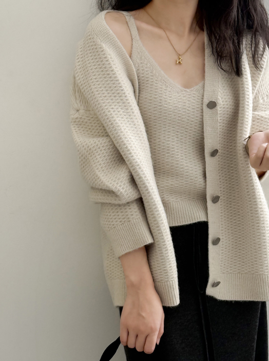 ワッフルニットカーデ × リブキャミソールセット