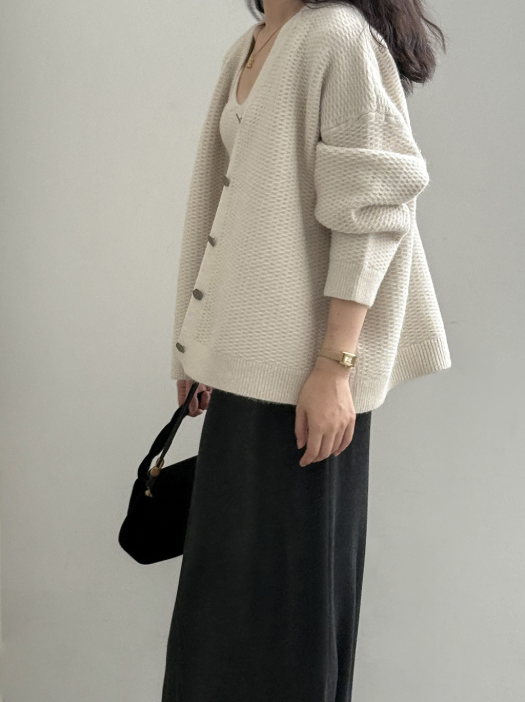 ワッフルニットカーデ × リブキャミソールセット