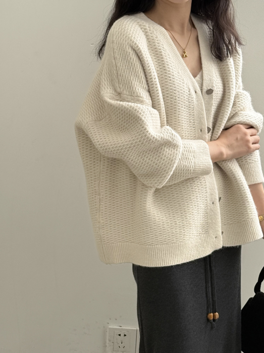 ワッフルニットカーデ × リブキャミソールセット