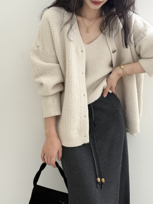ワッフルニットカーデ × リブキャミソールセット