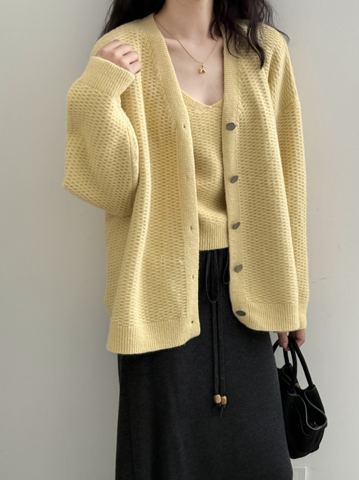 ワッフルニットカーデ × リブキャミソールセット