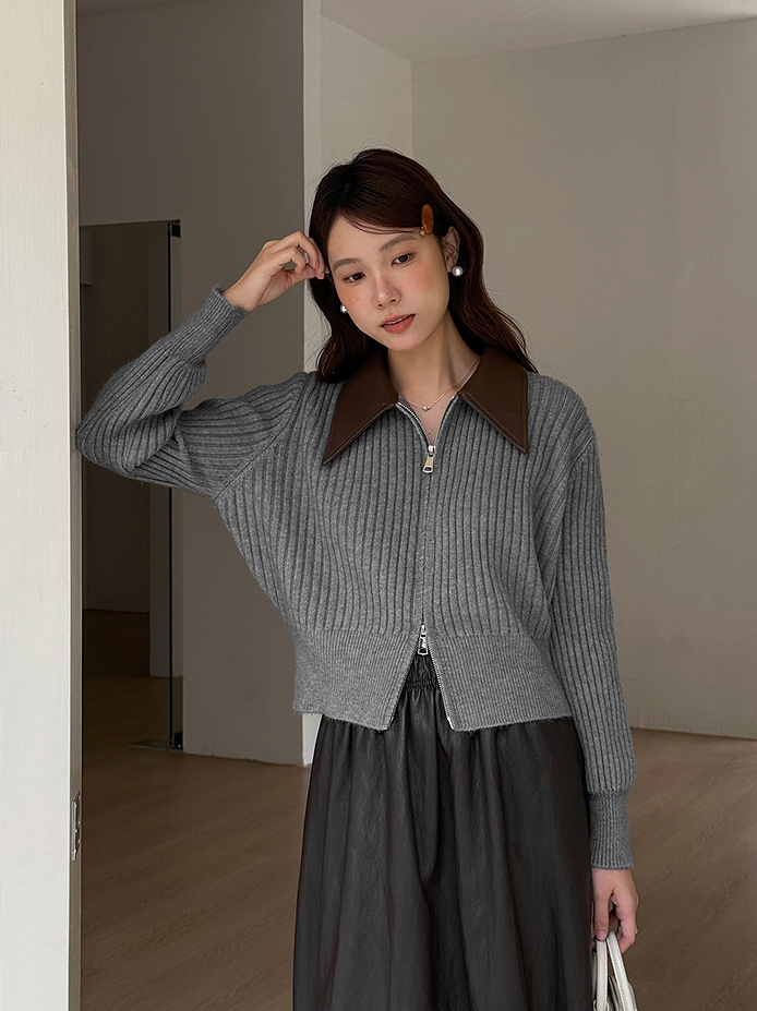 フェイクレザーカラーリブジップニットトップス