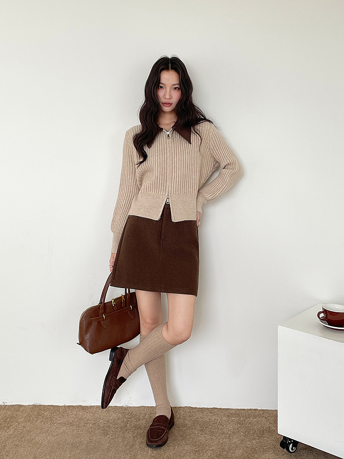 フェイクレザーカラーリブジップニットトップス