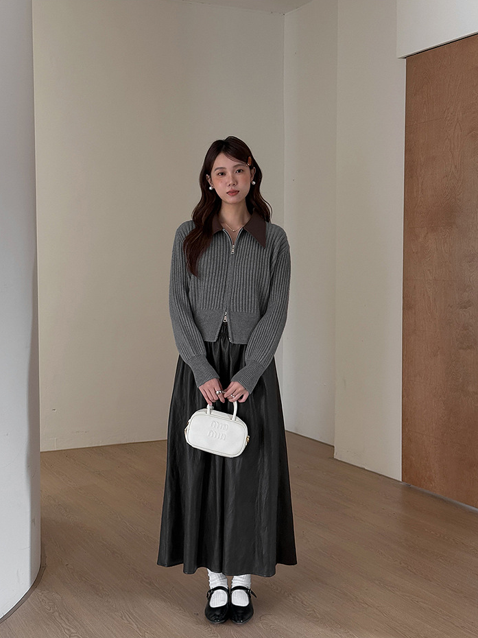 フェイクレザーカラーリブジップニットトップス