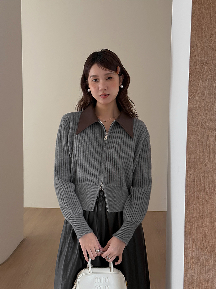 フェイクレザーカラーリブジップニットトップス