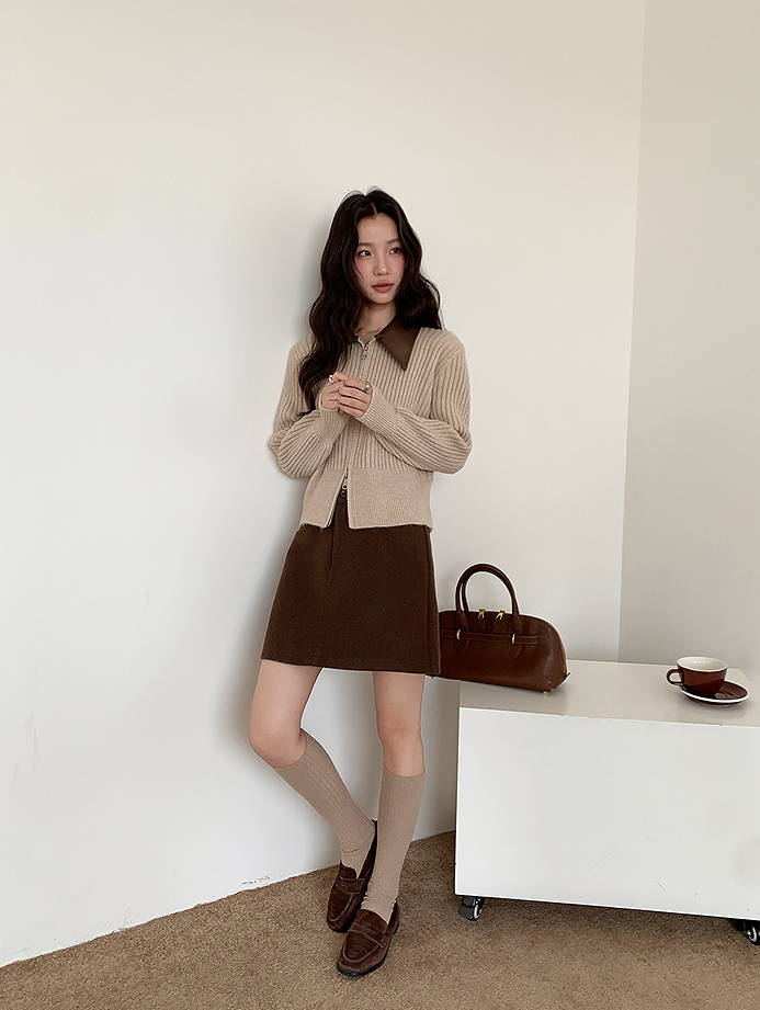 フェイクレザーカラーリブジップニットトップス