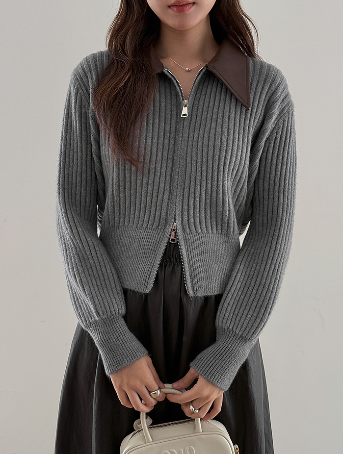 フェイクレザーカラーリブジップニットトップス