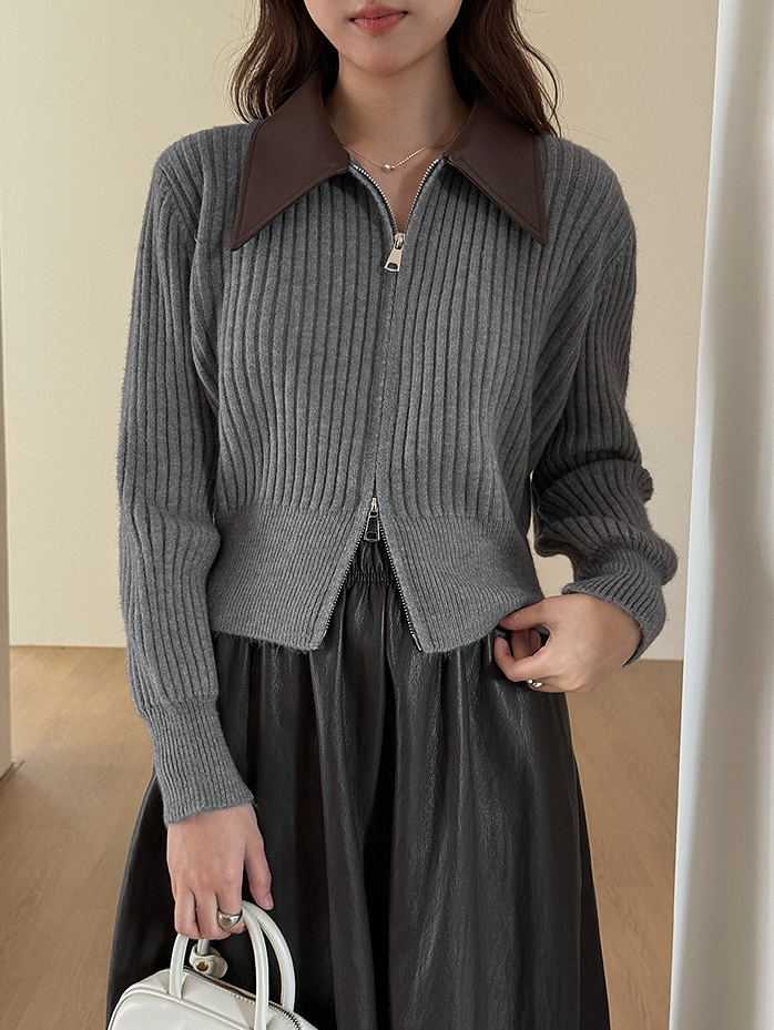 フェイクレザーカラーリブジップニットトップス