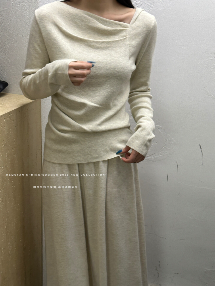 【即納】アシンメトリードレープネックニットトップス