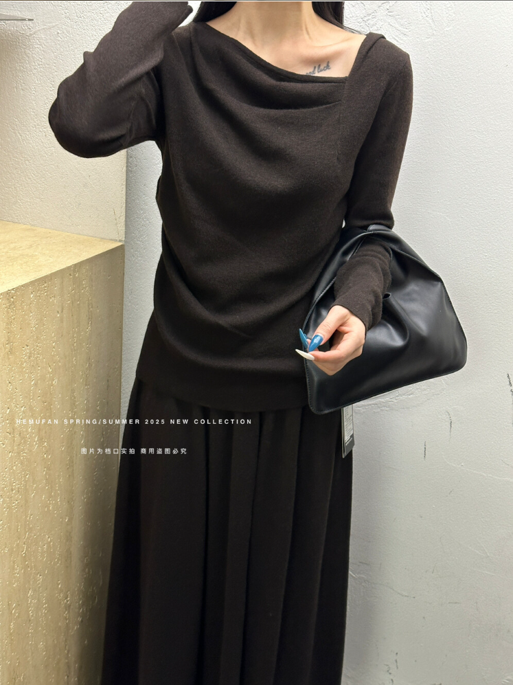 【即納】アシンメトリードレープネックニットトップス