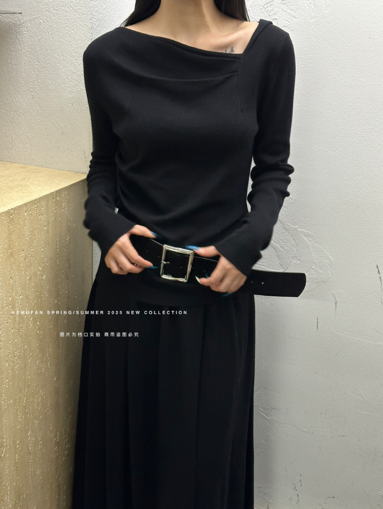 【即納】アシンメトリードレープネックニットトップス