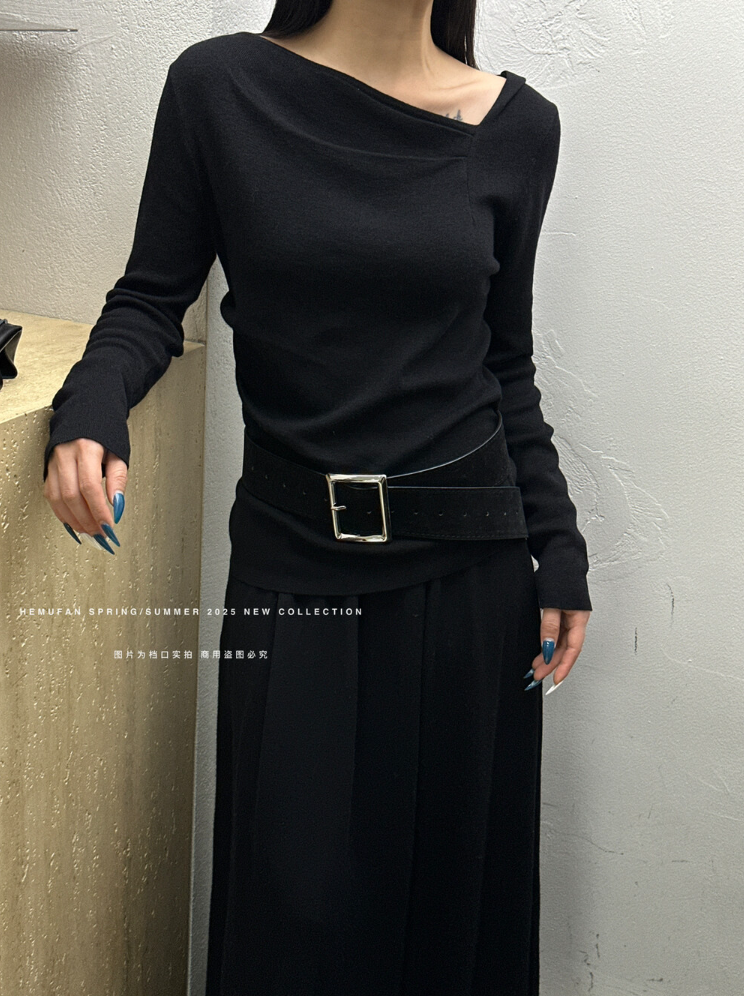 【即納】アシンメトリードレープネックニットトップス