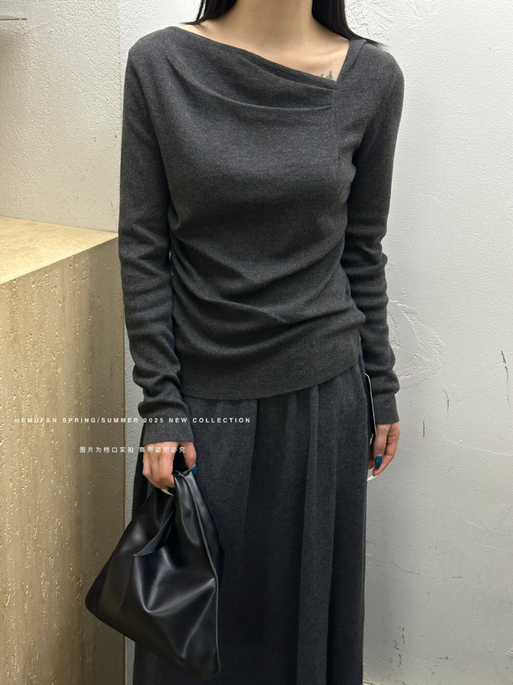 【即納】アシンメトリードレープネックニットトップス