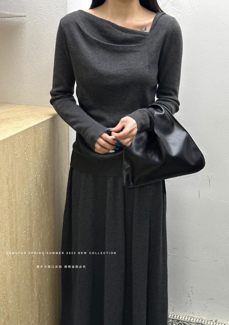 【即納】アシンメトリードレープネックニットトップス