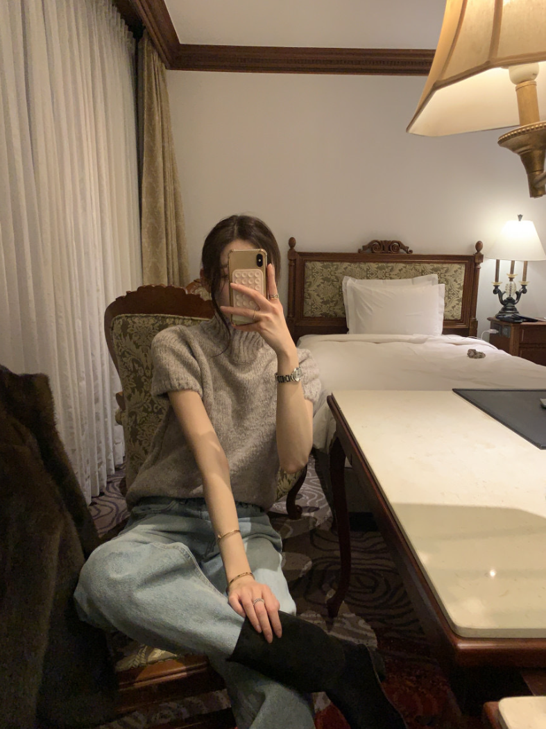 【即納】ハイネックリブニットトップス