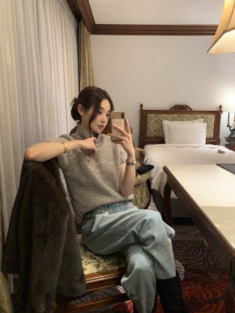 【即納】ハイネックリブニットトップス