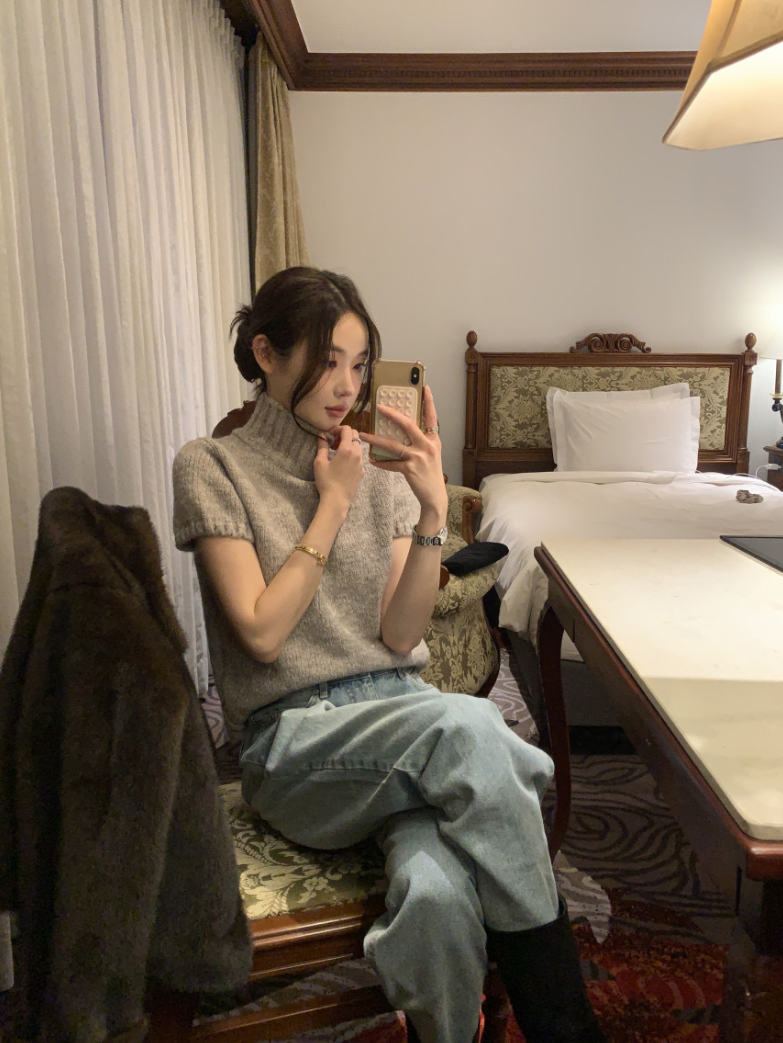 【即納】ハイネックリブニットトップス