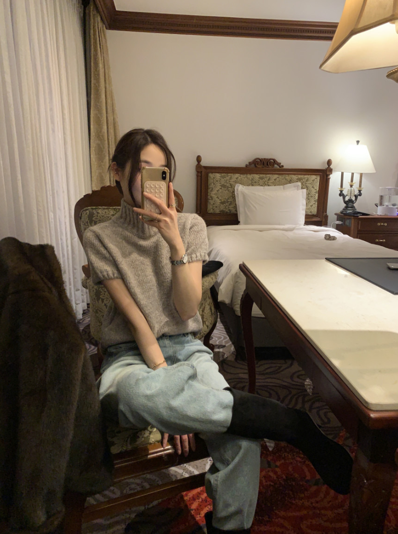 【即納】ハイネックリブニットトップス