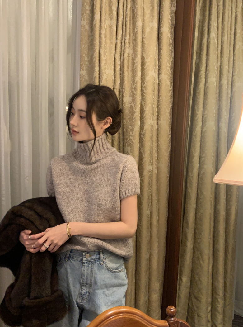 【即納】ハイネックリブニットトップス