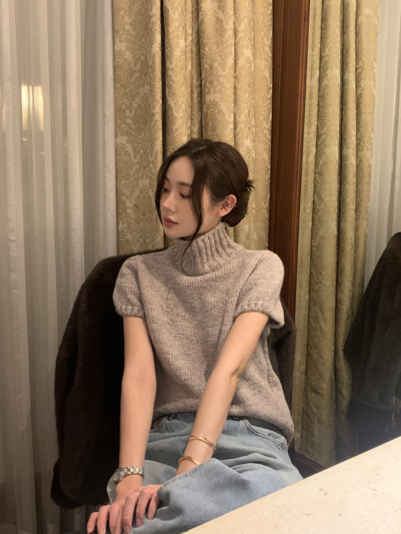 【即納】ハイネックリブニットトップス