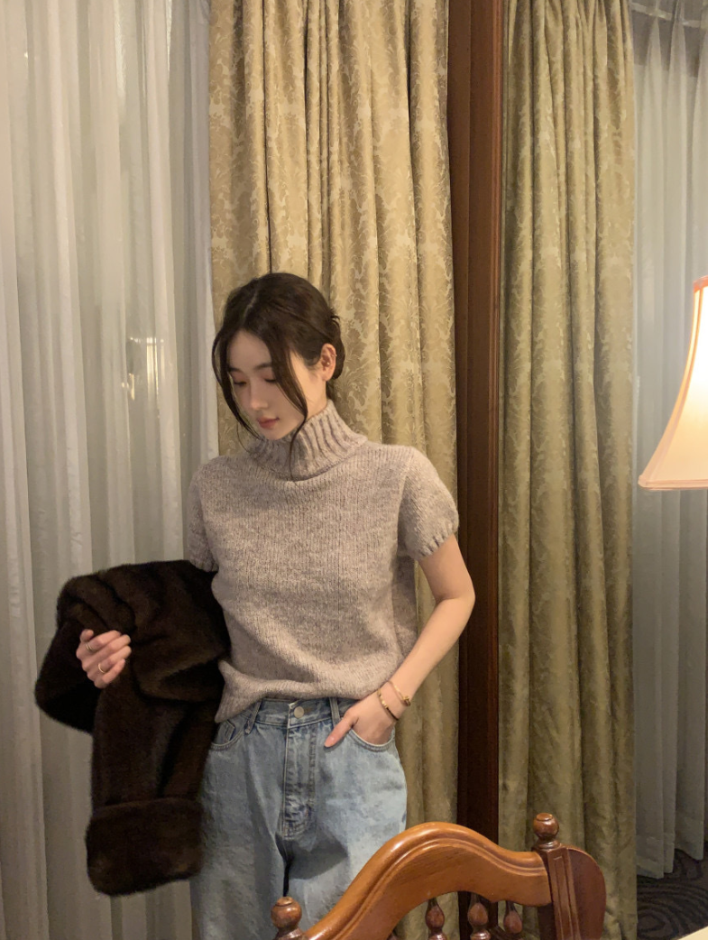 【即納】ハイネックリブニットトップス