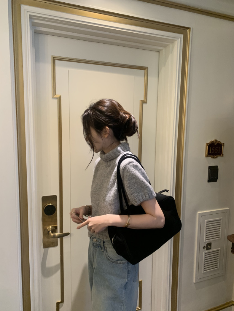 【即納】ハイネックリブニットトップス