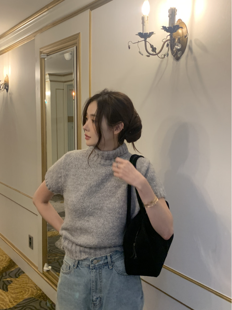 【即納】ハイネックリブニットトップス