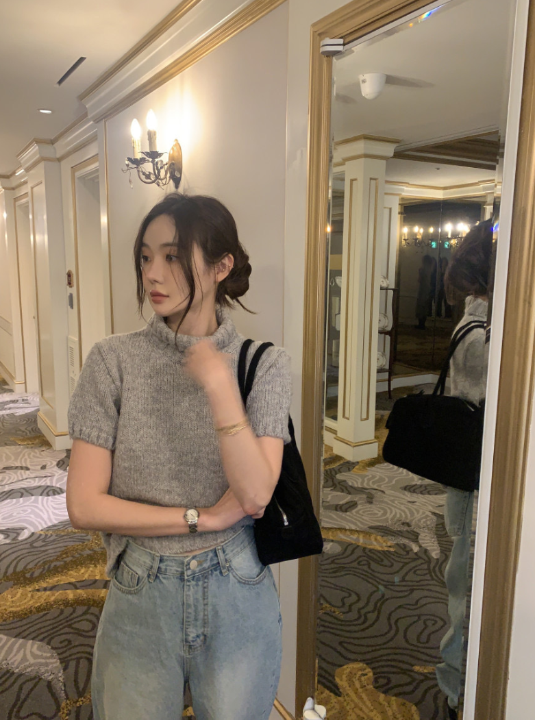 【即納】ハイネックリブニットトップス