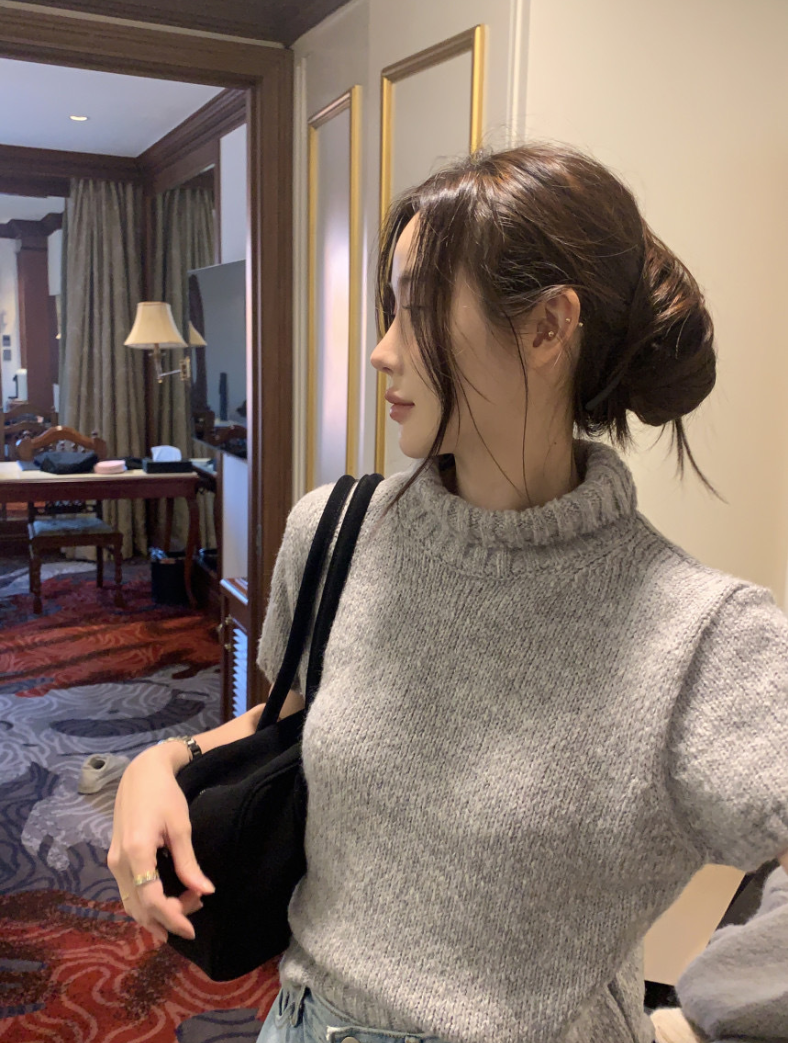 【即納】ハイネックリブニットトップス