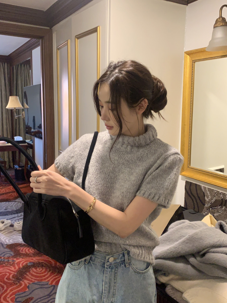 【即納】ハイネックリブニットトップス