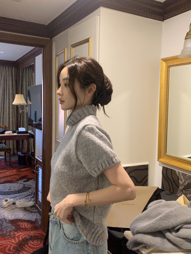 【即納】ハイネックリブニットトップス