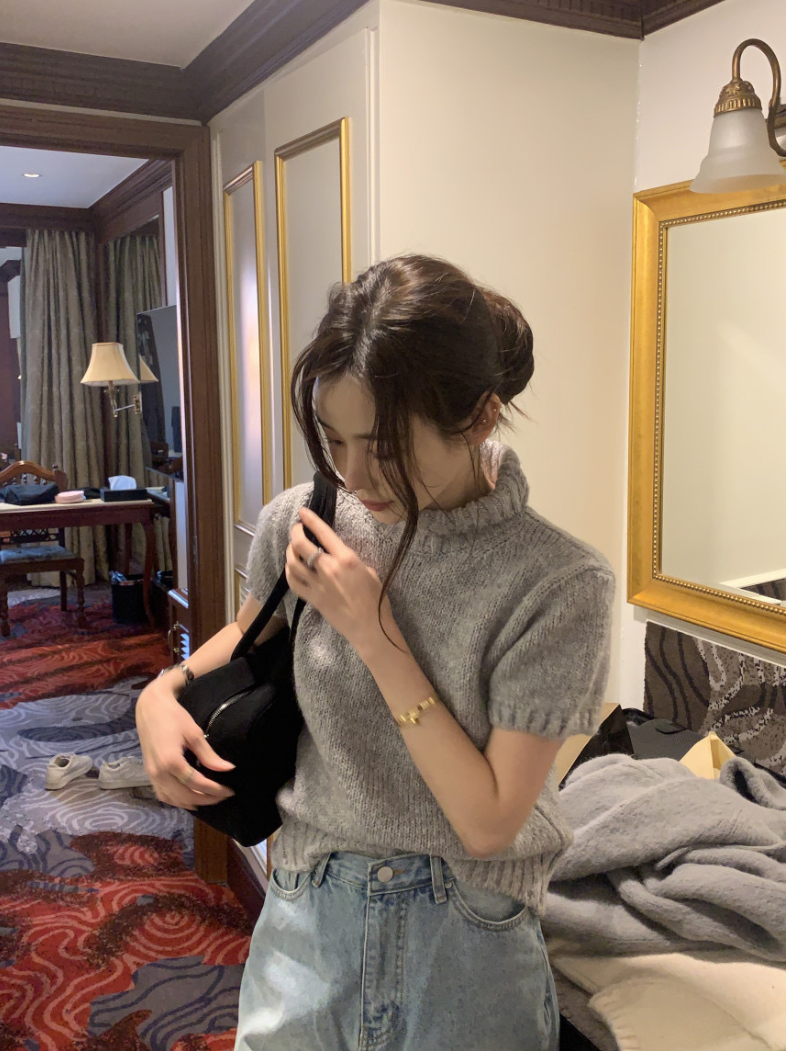 【即納】ハイネックリブニットトップス